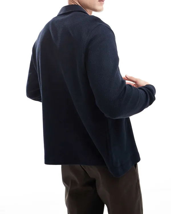 Long Sleeve Button Through Polo Shirt In Navy Blue Jersey