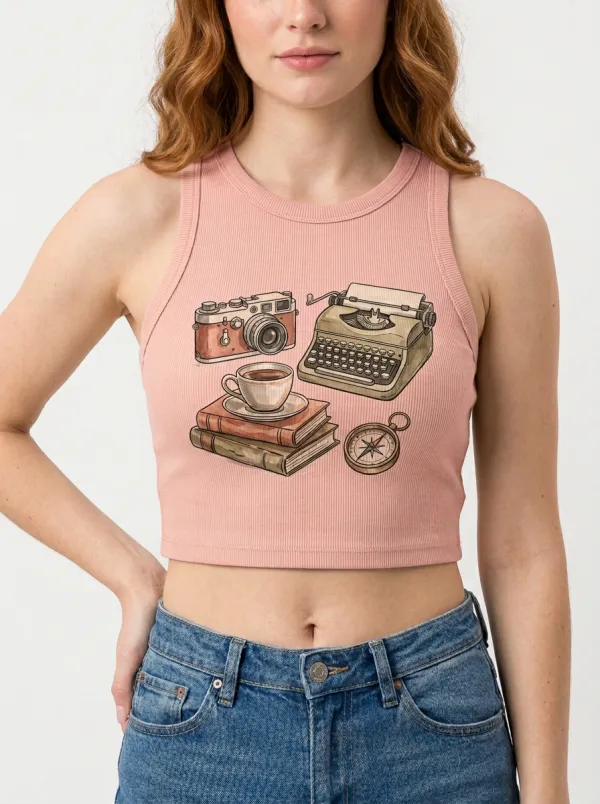 Women's Writer Traveler Vintage Camera Typewriter Graphic Ribbed Crop Tank Top