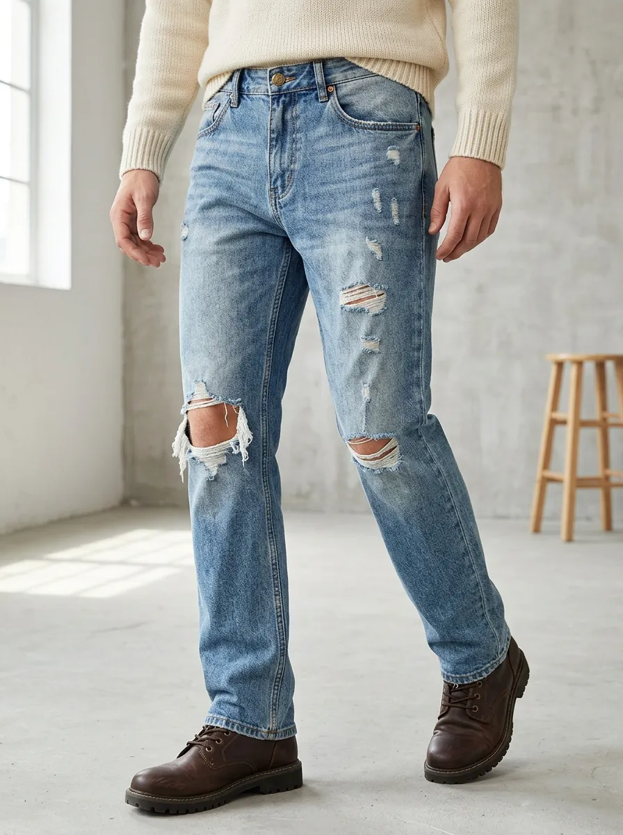Men's Casual Fashion Distressed Ripped Light Wash Denim Jeans