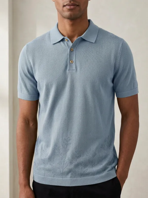 Casual Leaf-Pattern Embroidered Men's Polo Shirt