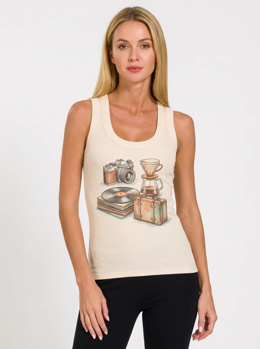 Women's Vintage Hobby Lover Camera Coffee Vinyl Printed Tank Top