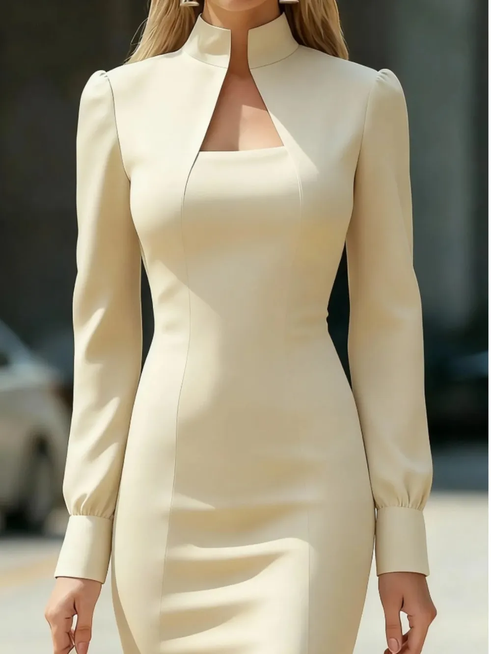 High Neck Slit Long Sleeve Dress Casual