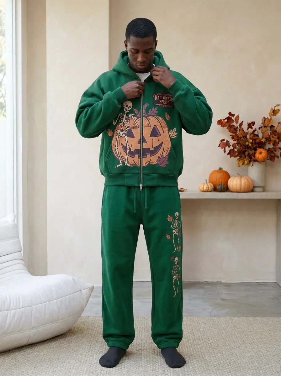Men's Halloween Skeleton Pumpkin Printed Zip Hoodie Sweatpants Set