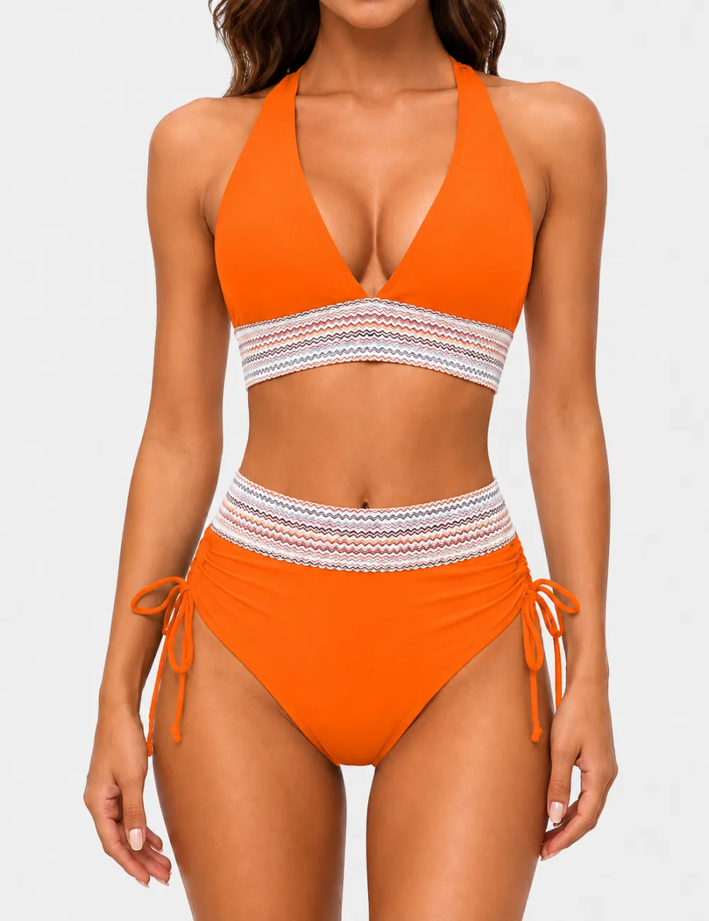 Deep V Neck Colorful Zigzag Smocked Trim Bikini Set