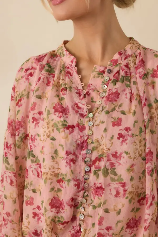 Button-Front Long-Sleeve Floral Denim Blouse