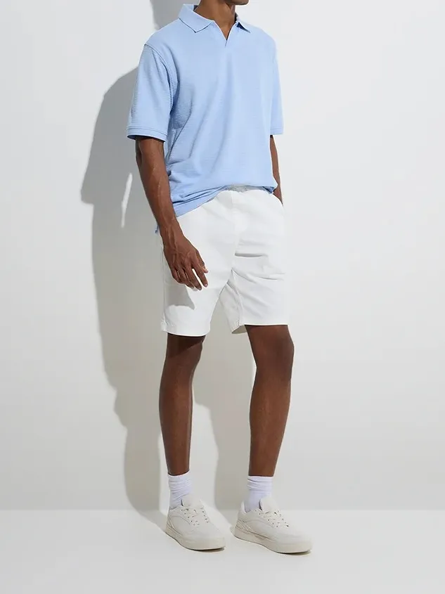 Blue Loose Cotton-Blend Polo T-Shirt