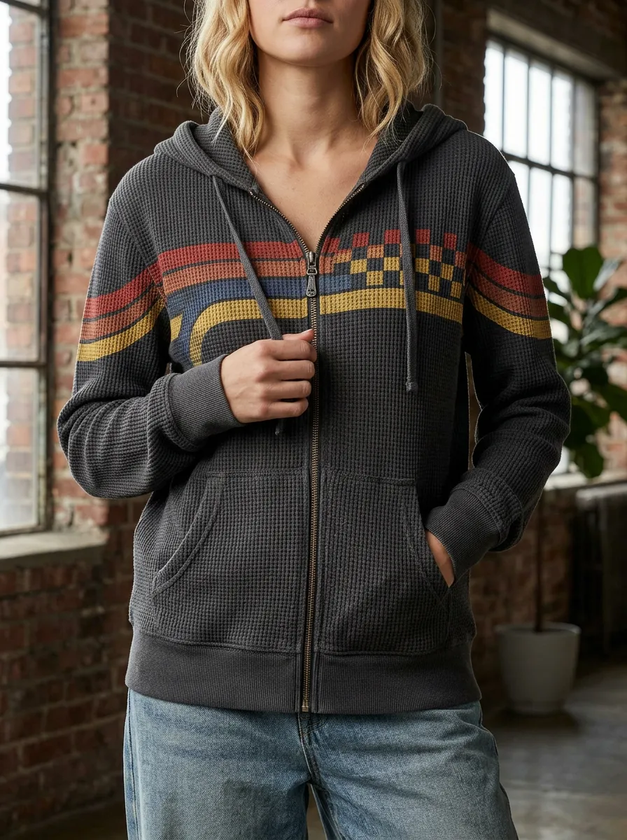 Women's Retro Striped Checkerboard Printed Waffle Zip Hoodie