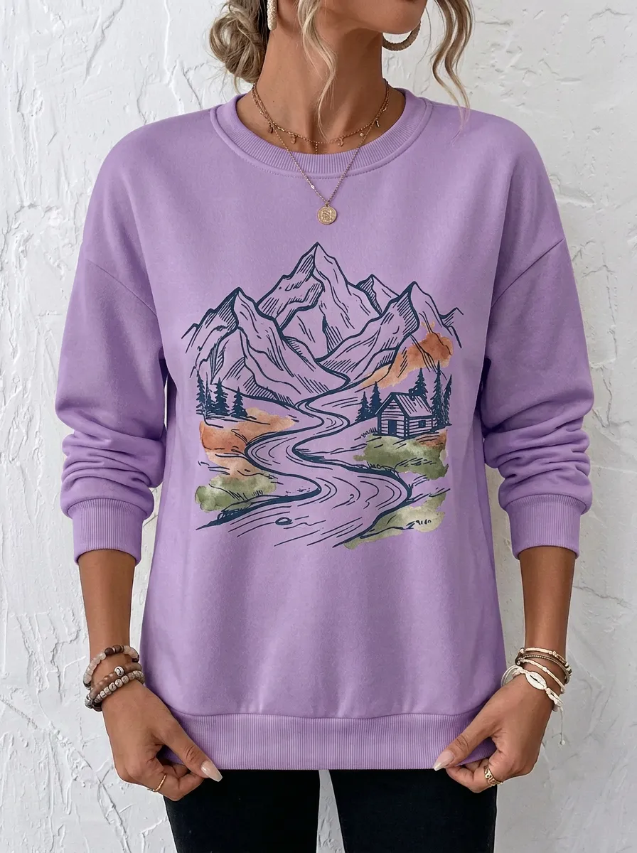 Women's Nature Lover Mountain Cabin River Printed Sweatshirt