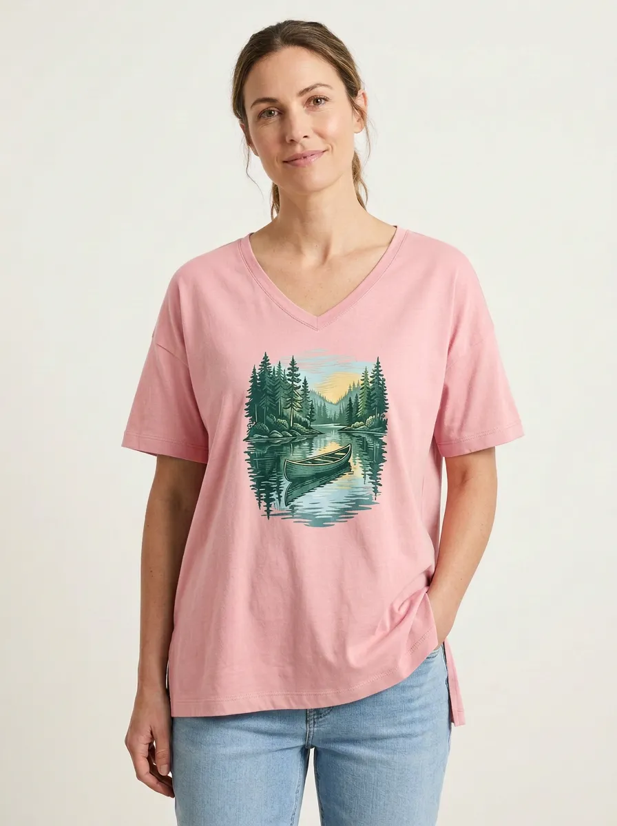Women's Nature-Inspired Canoe Lake & Forest Graphic V-Neck T-Shirt