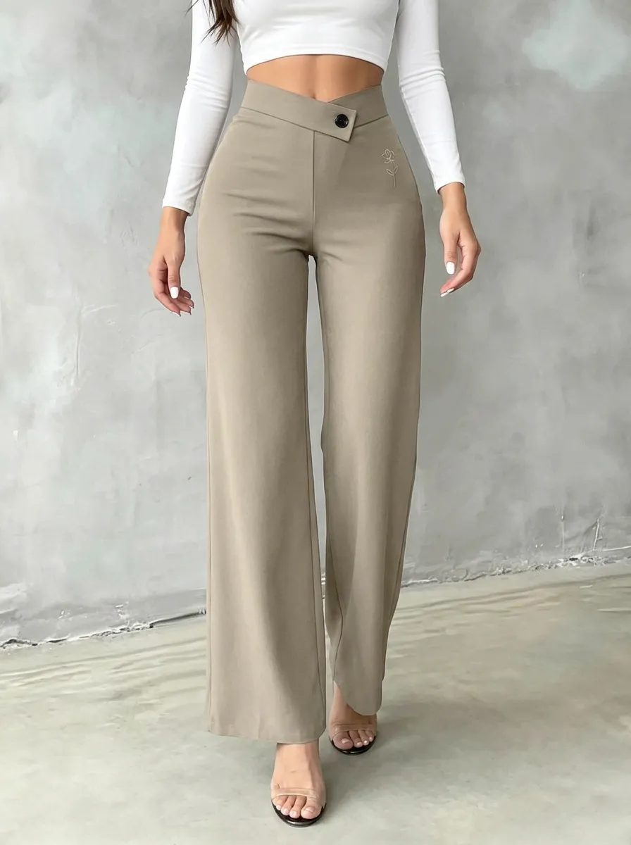 Women's Streamlined Flexible Floral Embroidered Mid Rise Straight Leg Pants