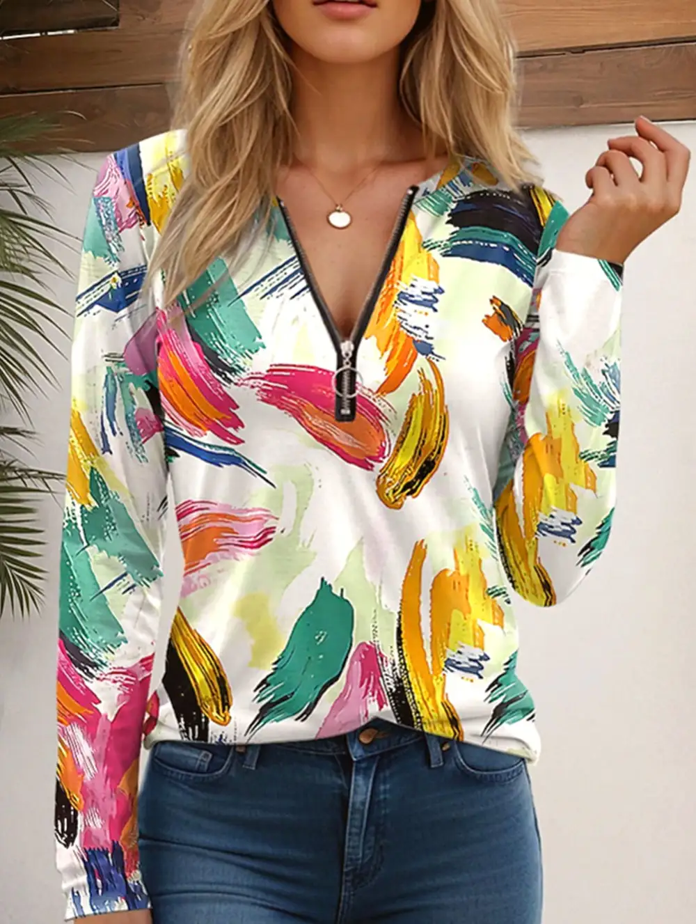 Geometric V-Neck Zip-Up Regular Top