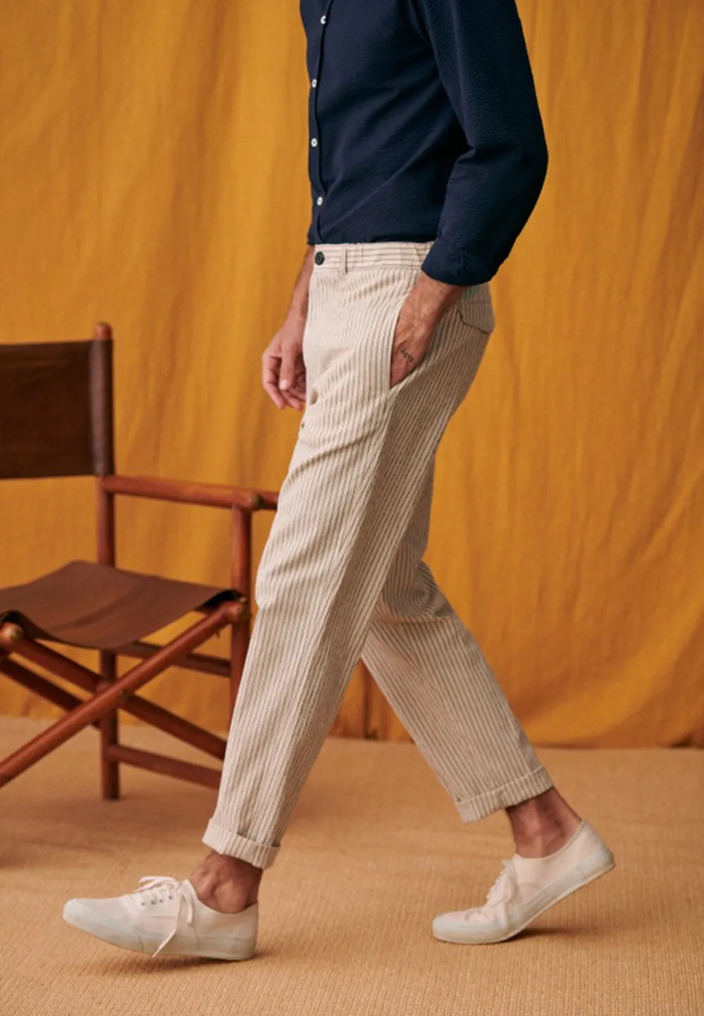 Trousers-Seersucker Beige Green Stripes
