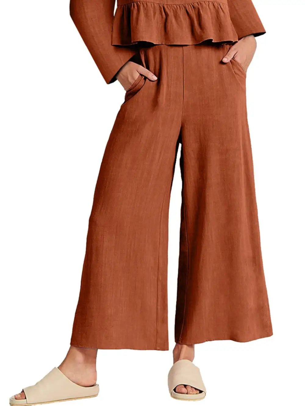 Ruffled Hem Long Sleeve Top and Pants Set