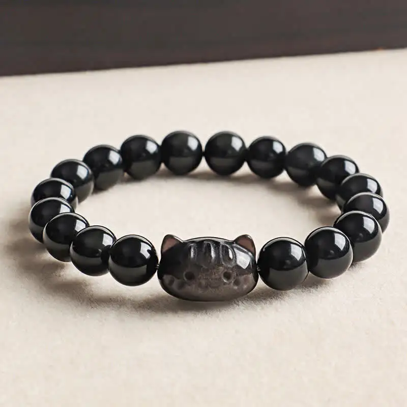 Obsidian Hand Carved Cat Handmade Bracelet