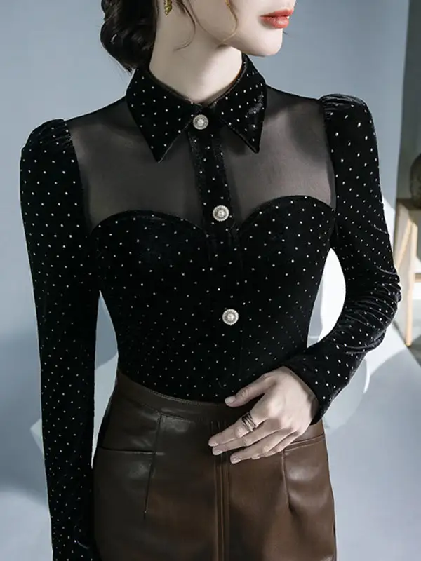 Long Sleeve Slim Fit Button Detail Polka Dot Panel Detail Lapel T-Shirt