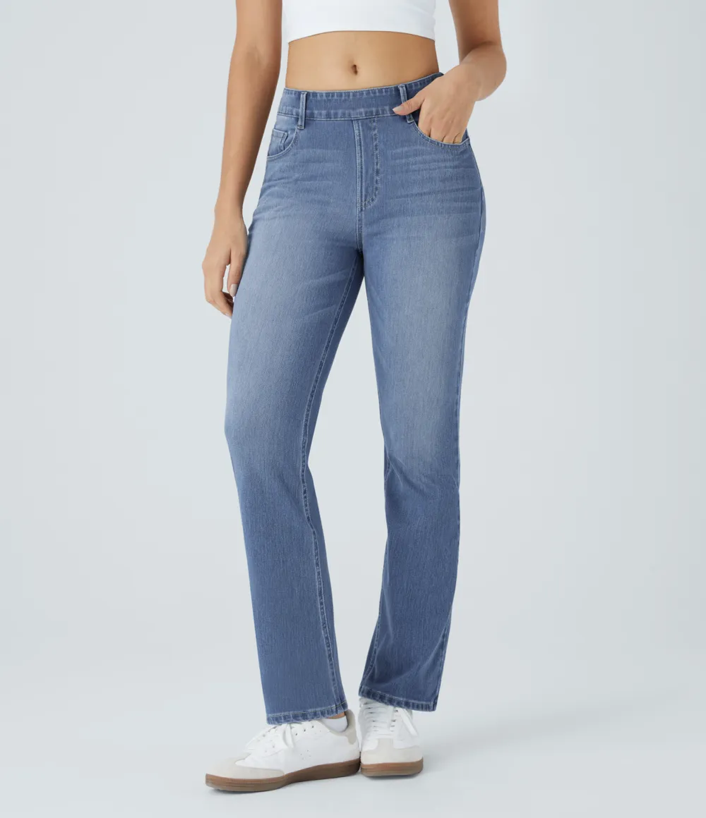 Magic High Waisted Multiple Pockets Washed Stretchy Knit Casual Bootcut Jeans