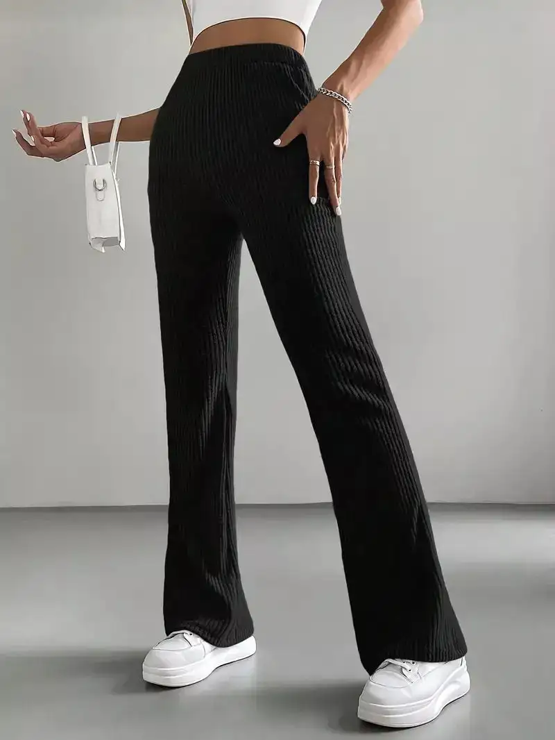 Classic Ribbed Knit High Waist Flare Pants
