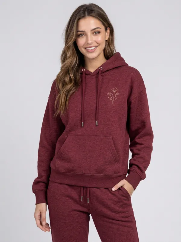 Women's Minimalist Floral Line Art Beige Hoodie & Jogger Set