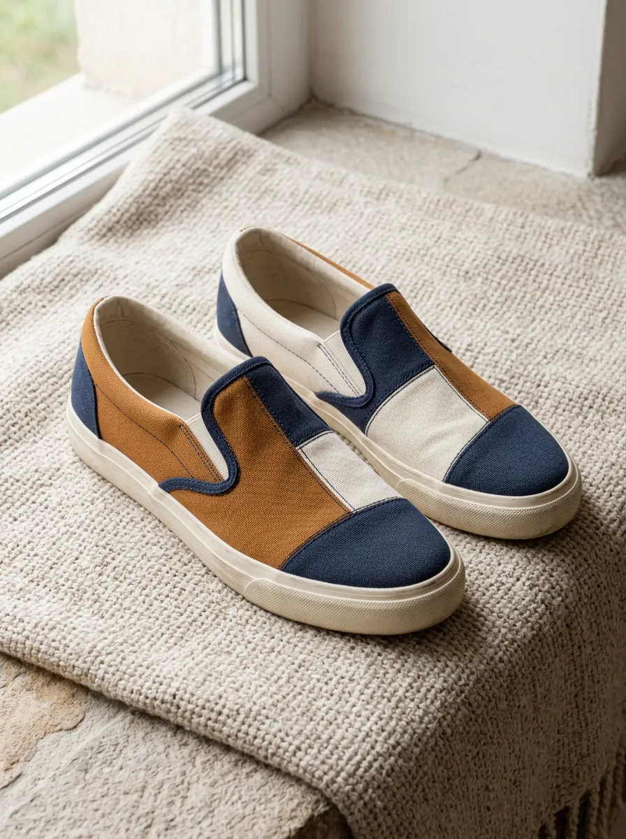 Men's Colorblock Casual Navy and Brown Canvas Slip-on Shoes