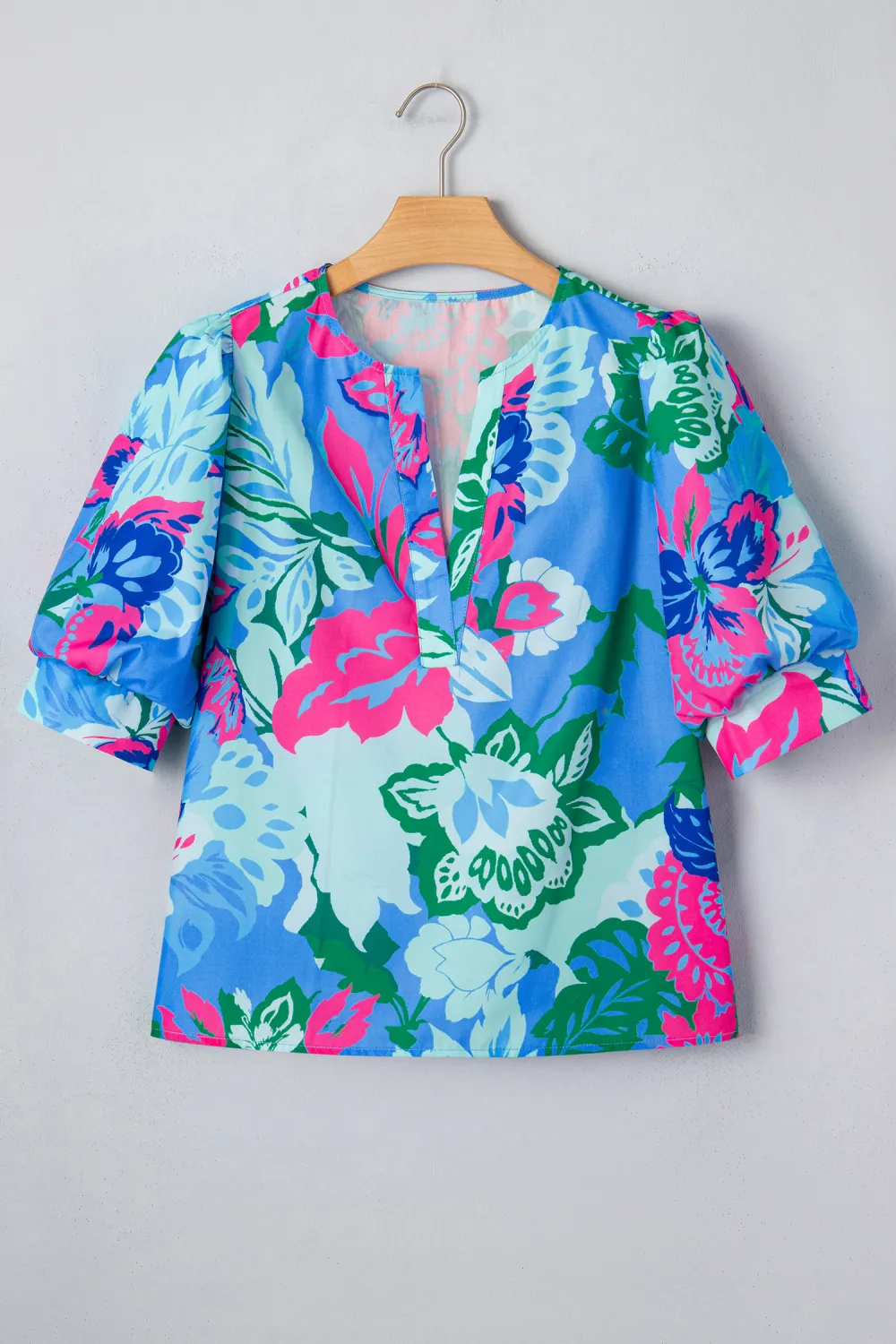 Sky Blue Floral Print V Neck Blouse
