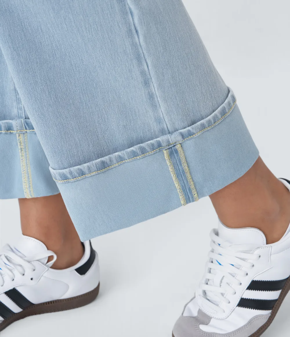 Magic High Waisted Multiple Pockets Rolled Hem Wide Leg Washed Stretchy Knit Casual Jeans