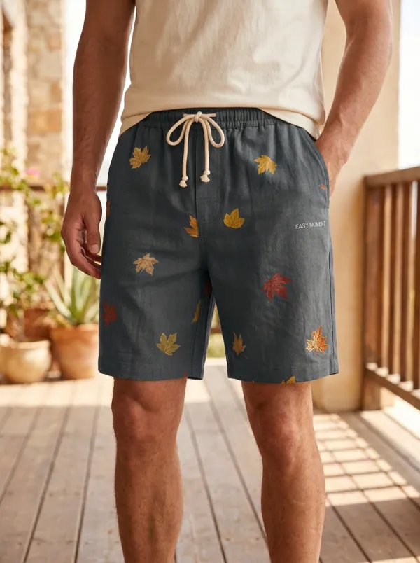 Tan Maple Leaf Print Drawstring Adorned Shorts