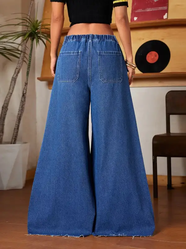 Wide Leg Ripped Drawstring Denim Jeans
