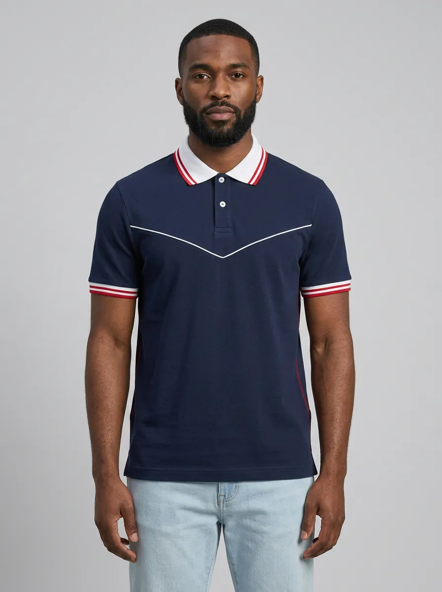 Men's Casual Sporty V-Stripe Contrast Trim Polo Shirt