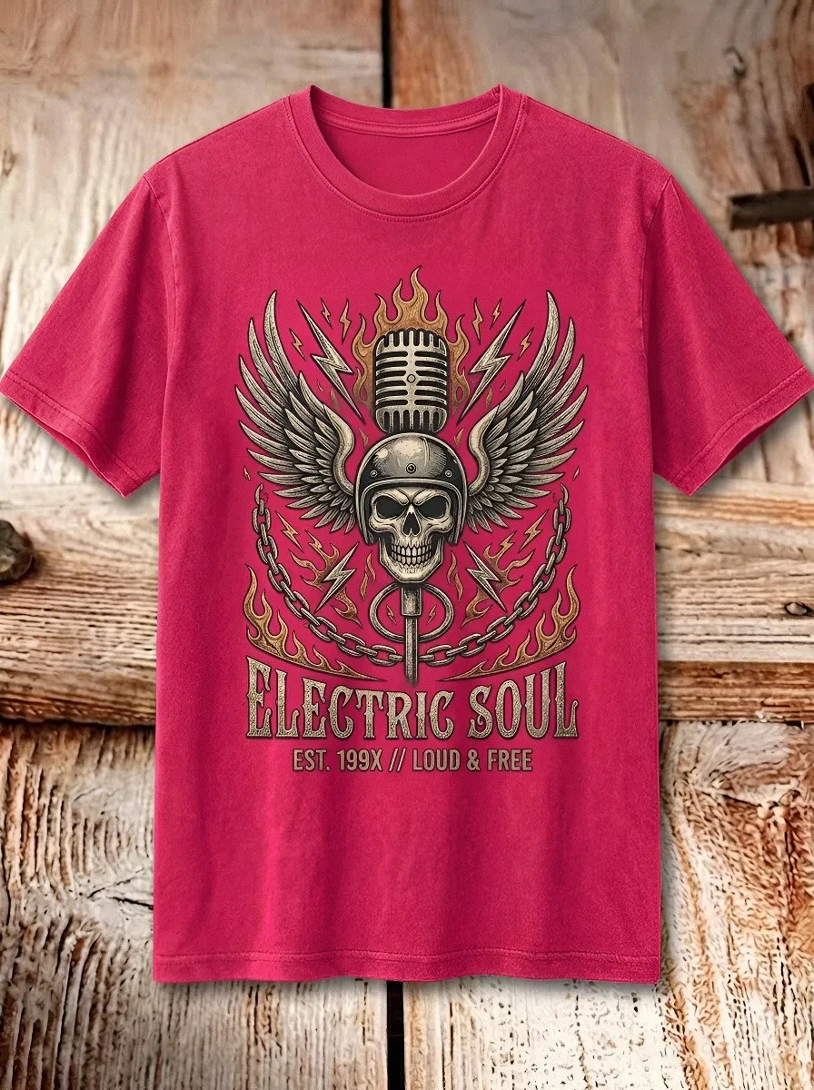 Men's Rock Music Lover Winged Skull Microphone Printed T-shirt
