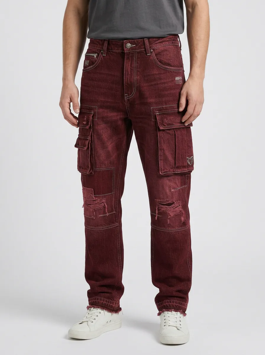 Men's Streetwear Distressed Patchwork Denim Cargo Jeans