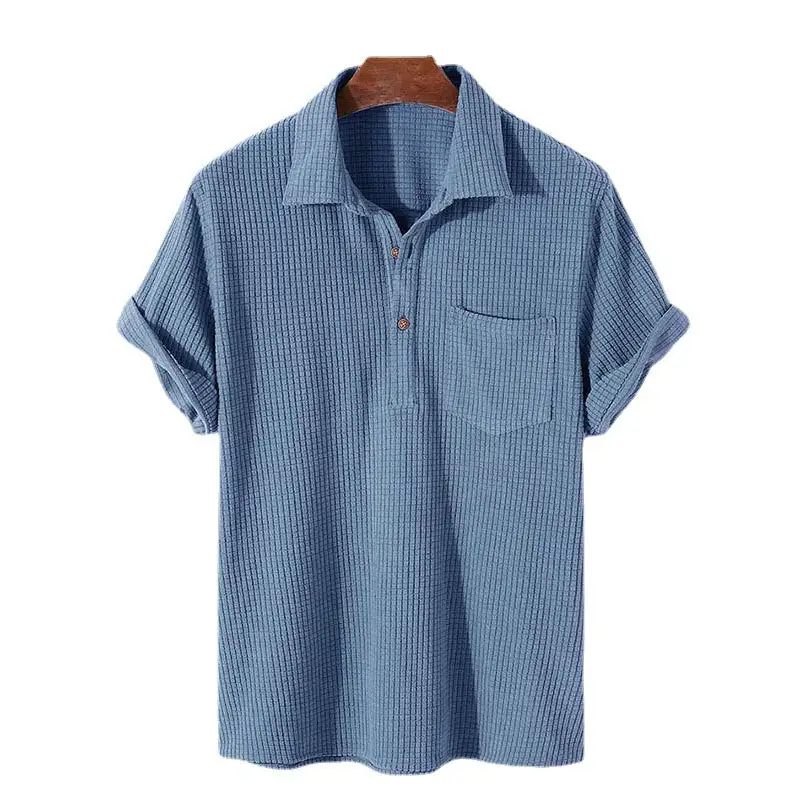 Waffle Texture Button Placket Chest Pocket Fine Knit Polo Shirt