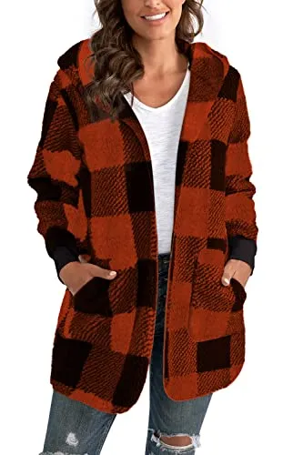 Womens Fuzzy Fleece Open Front Hooded Cardigan Jackets Sherpa Coat with Pockets