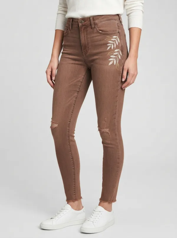 Women's Botanical Leaf Embroidered Distressed Printed Slim Jeans
