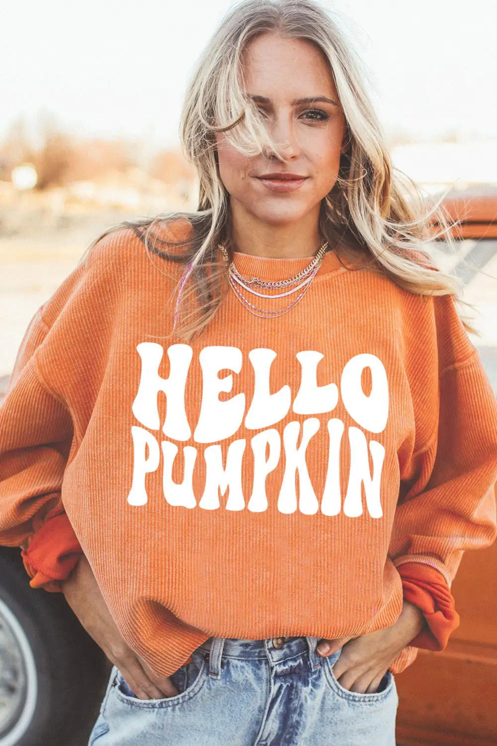 HELLO PUMPKIN Letter Graphic Corded Sweatshirt