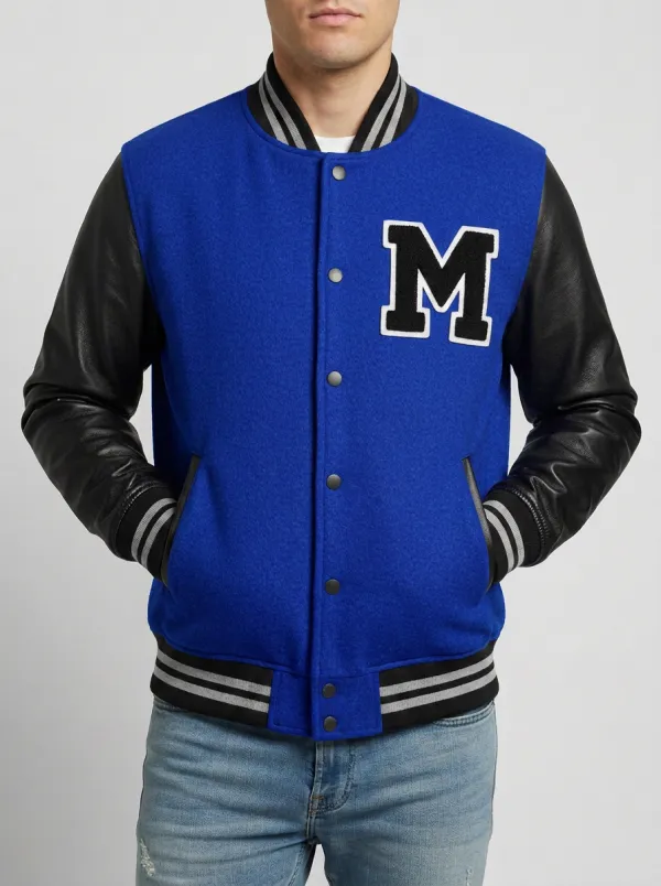 Men's Letter M Leather-Sleeve Wool Baseball Jacket