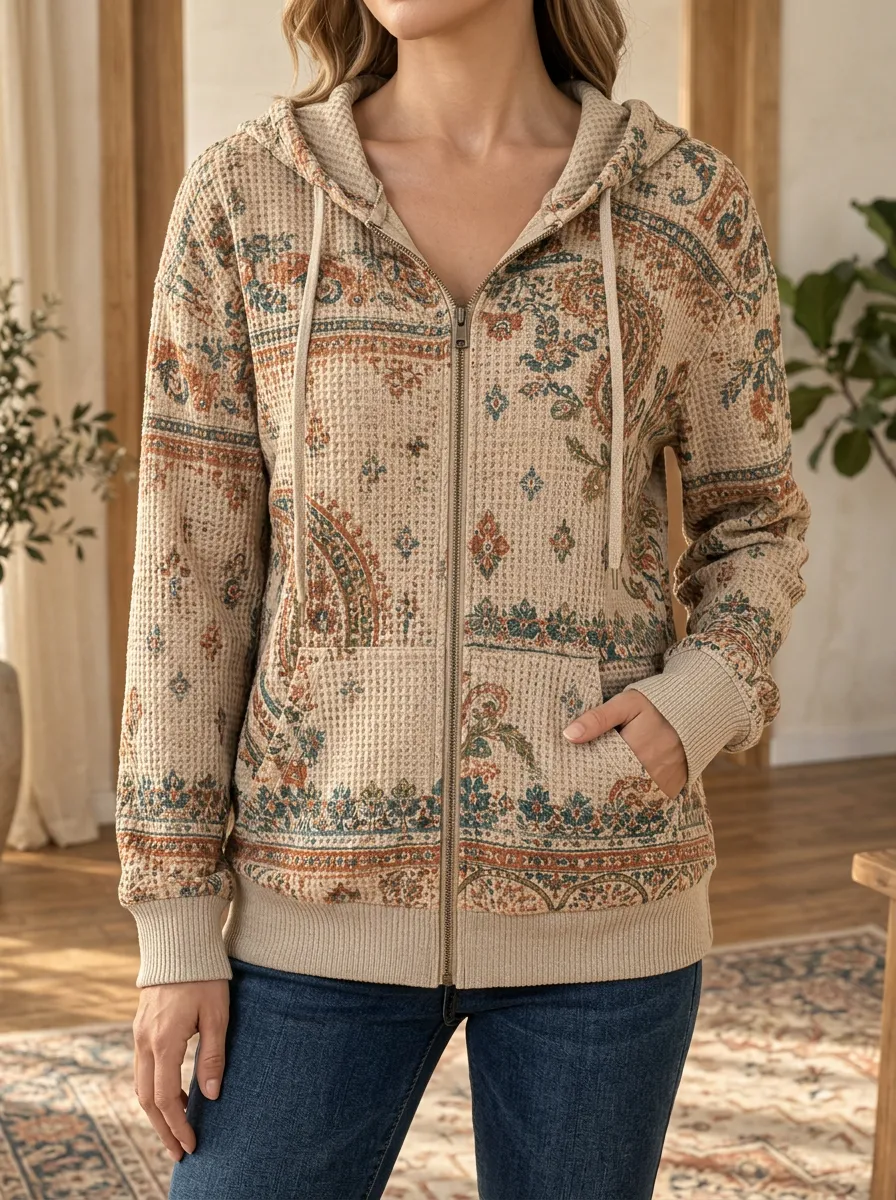 Women's Boho Paisley Artful Composition Waffle Zip-Up Hoodie