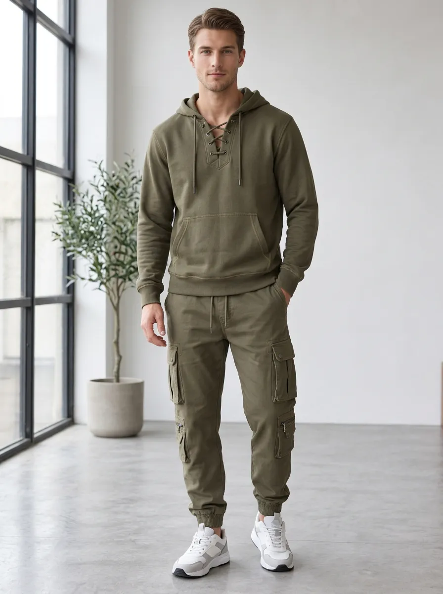 Resort-Inspired Lace-Up Multi Pocket Profile Men's Lace Up Hoodie And Cargo Jogger Set