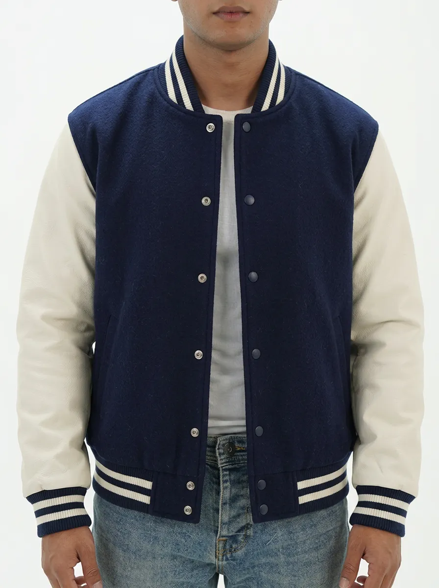 Men's Navy & Cream Leather-Sleeve Wool Baseball Jacket