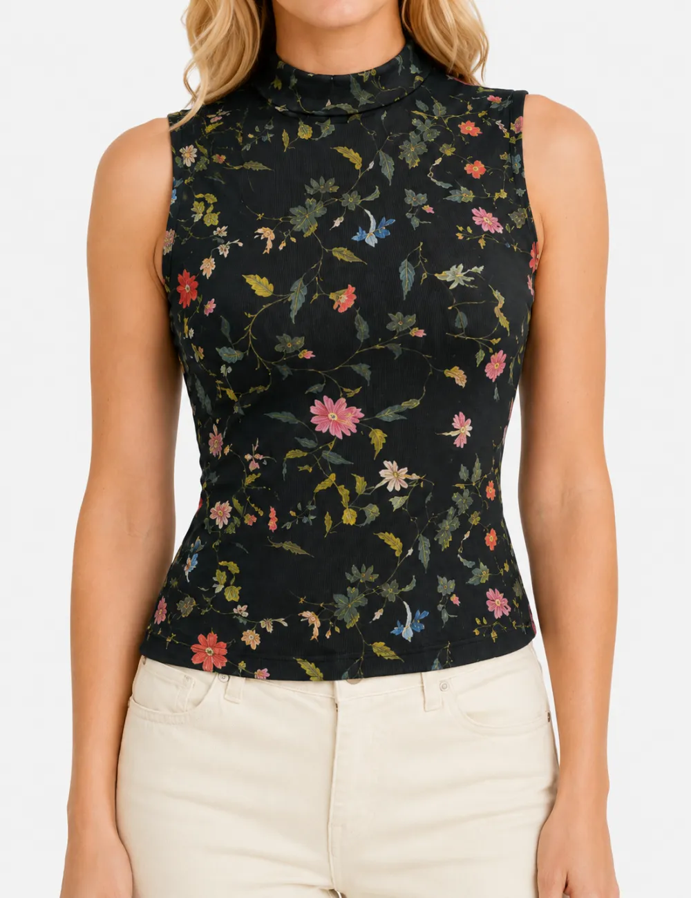 Sheer Mesh Turtle Neck Sleeveless Top