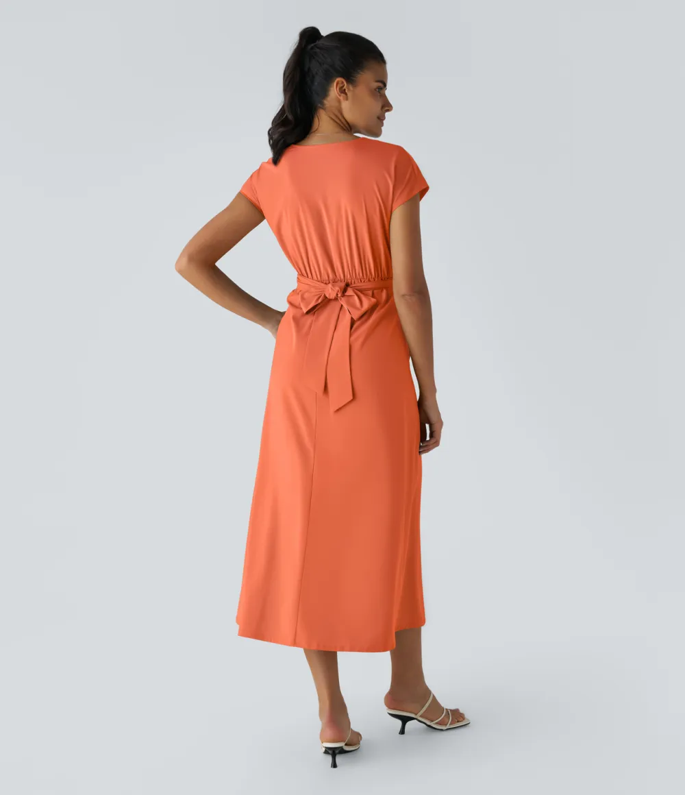 Breezeful V Neck Short Sleeve Side Pocket Tie Back Quick Dry Midi Casual Dress