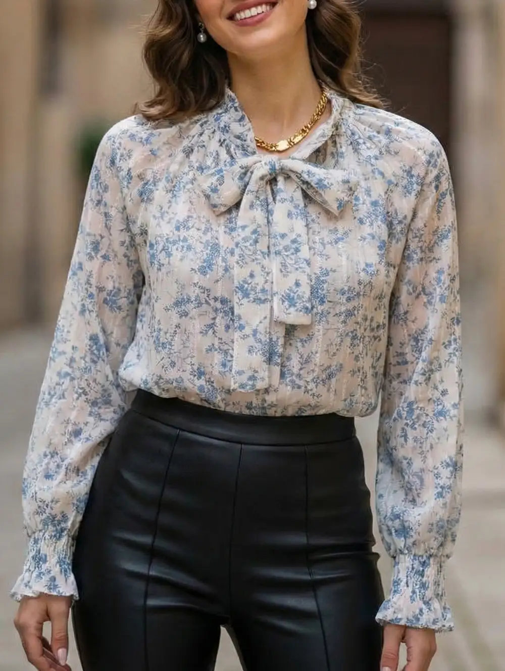 Floral V-Neck Tie Long Sleeve Shirt