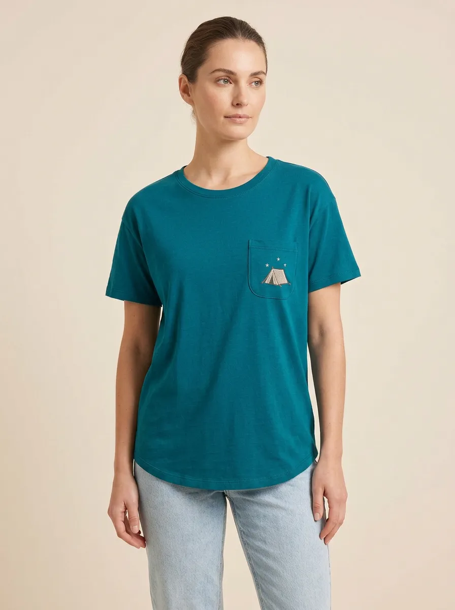 Women's Camping Tent Graphic Pocket Crewneck T-Shirt