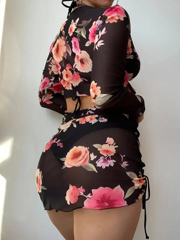 Drawstring Long Sleeve Bikini Swim Set