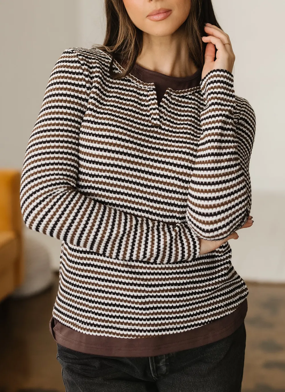 Striped Textured Round Neck Women's T-Shirt