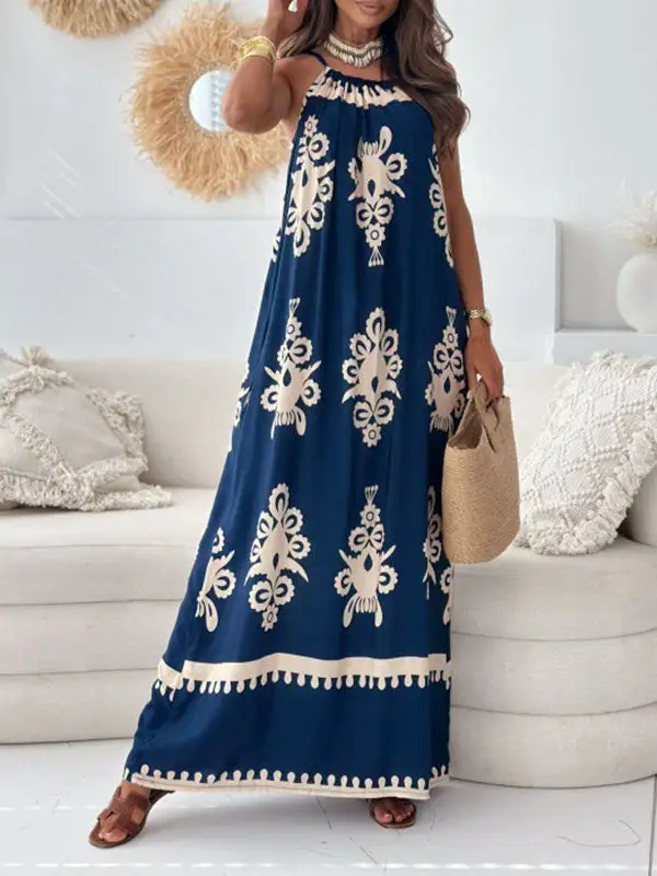 Loose Printed Sleeveless Neck Maxi Dress