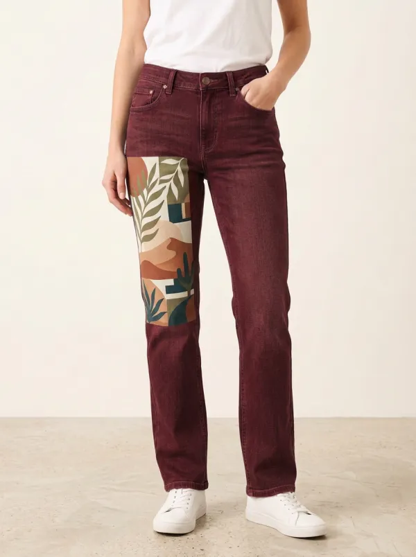 Women's Botanical Abstract Art Printed Straight Leg Jeans