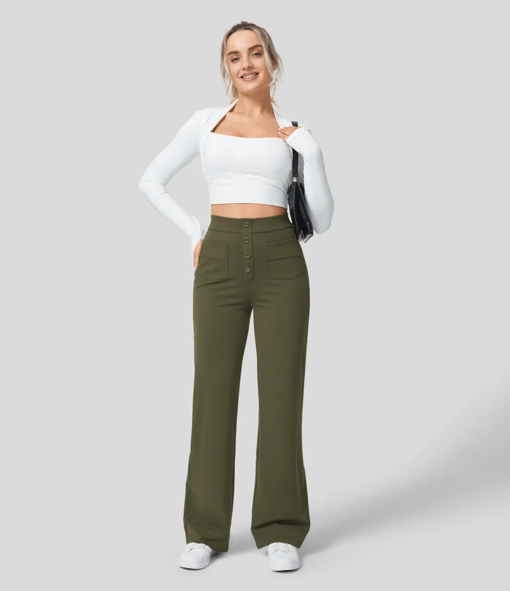High Waisted Button Multiple Pockets Straight Leg Casual Pants