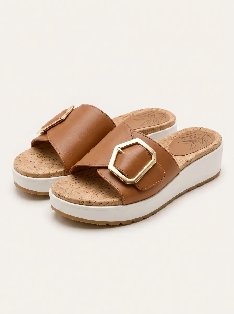 Women's Casual Summer Gold Buckle Cork Platform Printed Sandals
