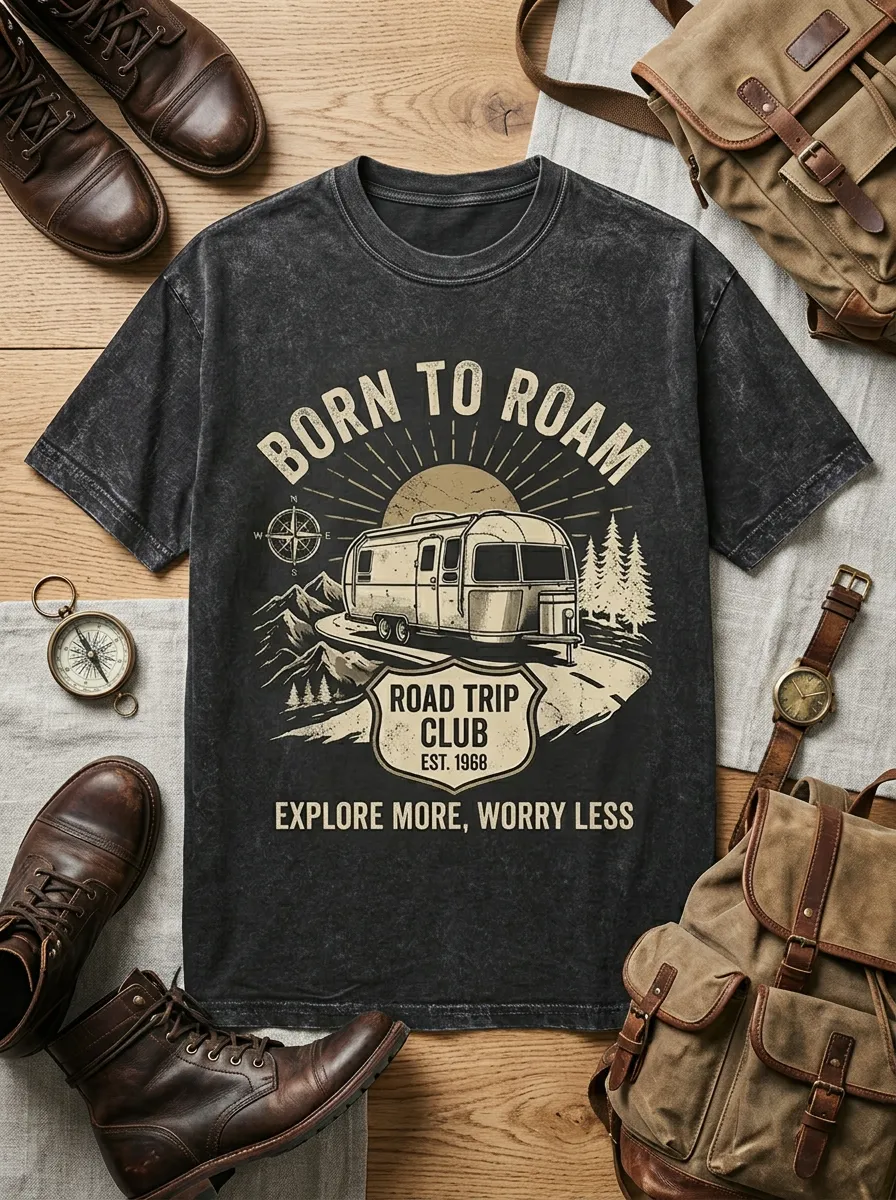 Unisex Camping Lover Born To Roam Camper Printed T-shirt