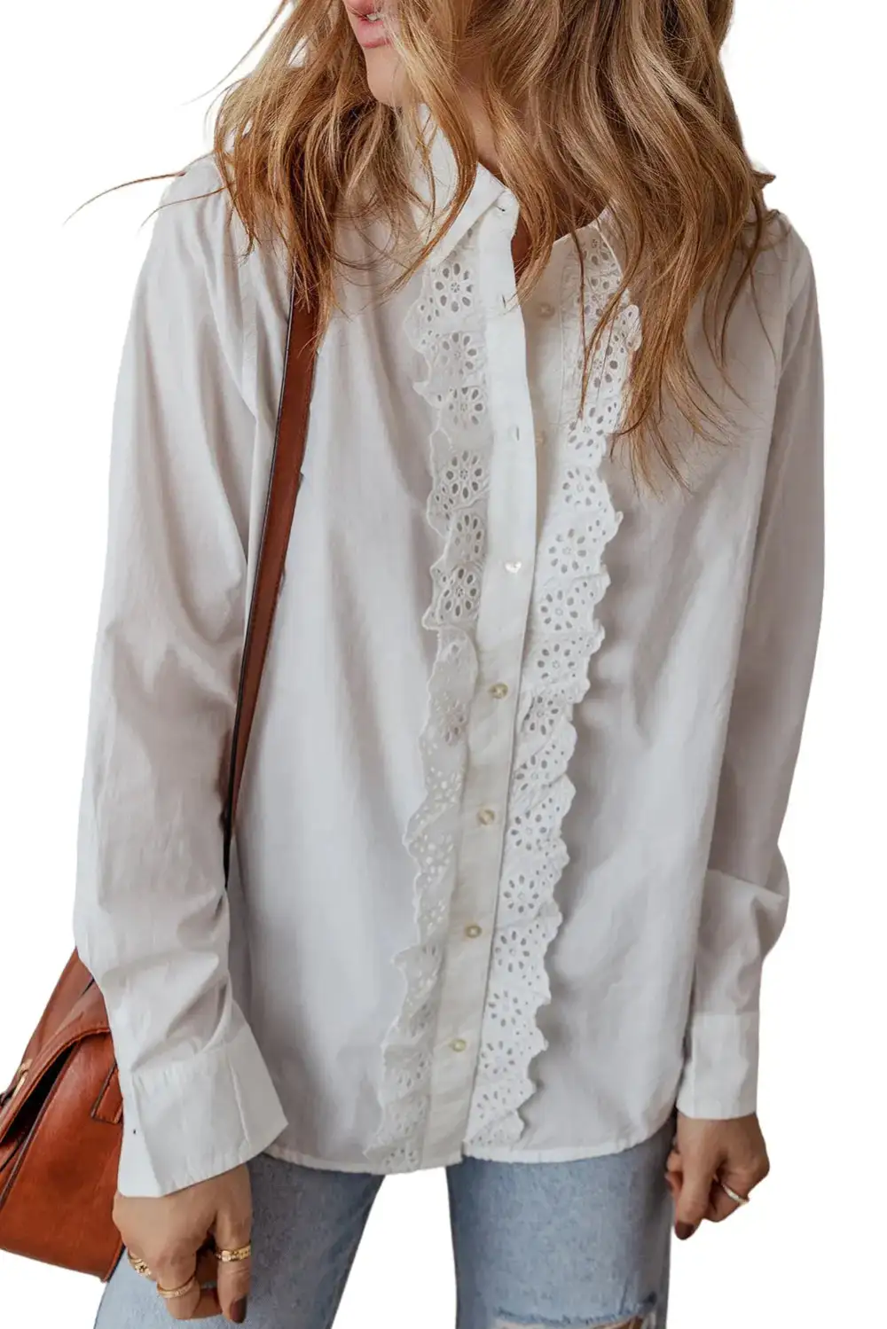 Lace Trim Collared Turn-down Collar Shirt Blouse